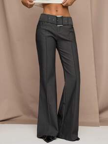 SHEIN BAE Pantalones casuales de unicolor gris de twill elástico con rayas de palillo, estilo de negocios casuales para mujer, estilo de dinero viejo para mujer, oficina para mujer, viaje al aeropuerto, pantalones casuales, otoño para mujer, pantalones intelectuales - Gris - Ver 4