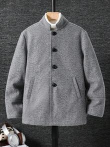 SHEIN Tween Boys' Casual Stand Collar Long Sleeve Parka Coat, Suitable For Commuting, School, Casual, Travel, Sports, Autumn/Winter, Black, For Fall - Dark Grey - View 4