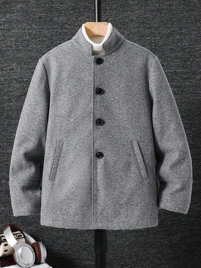 SHEIN Tween Boys' Casual Stand Collar Long Sleeve Parka Coat, Suitable For Commuting, School, Casual, Travel, Sports, Autumn/Winter, Black, For Fall