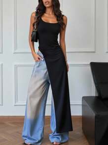 INAWLY 女士圆领无袖不对称下摆纯色优雅衬衫，女士休闲露背、口袋、开衩方领修身黑色纯色女式上衣，春夏，休闲日常穿着 - 黑色 - 查看 1