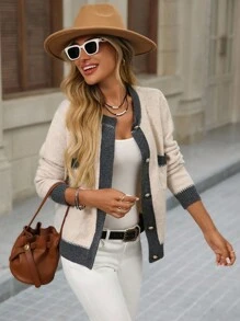 Brillora 女款撞色圆领长袖单排扣休闲针织开衫，女款针织开衫，双色开衫，休闲开衫，女款开衫，秋冬纽扣开衫 - 卡其色 - 查看 3