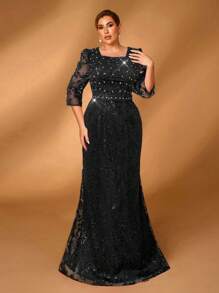 Serin Vestido formal de sirena con mangas medianas, elegante y romántico, con encaje muy adornado con cuentas y rhinestones, apropiado para gala, banquete, madre de la novia, talla grande