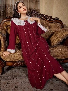 PalaceNights Camisola longa bordada com gola Peter Pan e botões frontais, tamanho grande, Moo Moo, camisola longa de manga comprida para o outono, inverno. - Borgonha - Ver 5