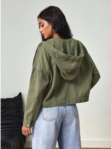 SHEIN Tall Chaqueta vaquera de manga larga con capucha, de corte holgado y casual - Verde militar - Ver 2