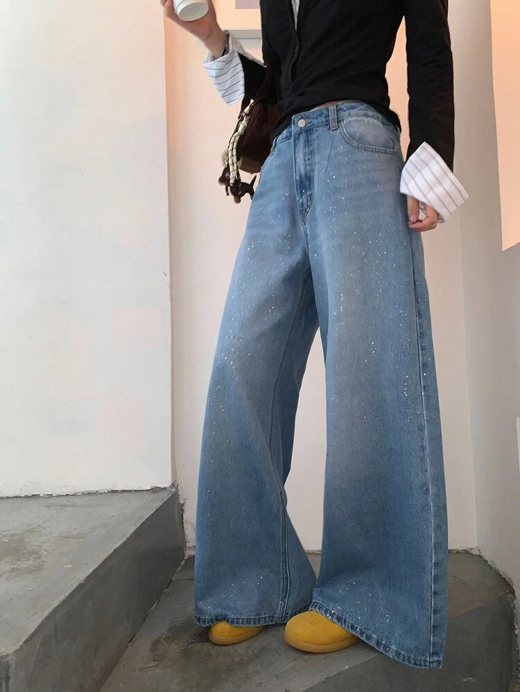 Women's Korean Style Sequin Embellished Loose Fit Jeans