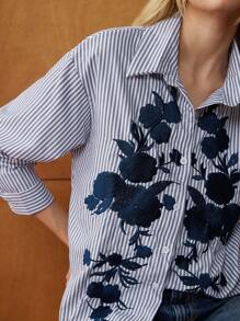 Écloséra Cămașă retro franceză cu rever, mânecă lungă, un singur nasture, brodată cu dungi, primăvară/toamnă - Multicolor - Vizualizare 7