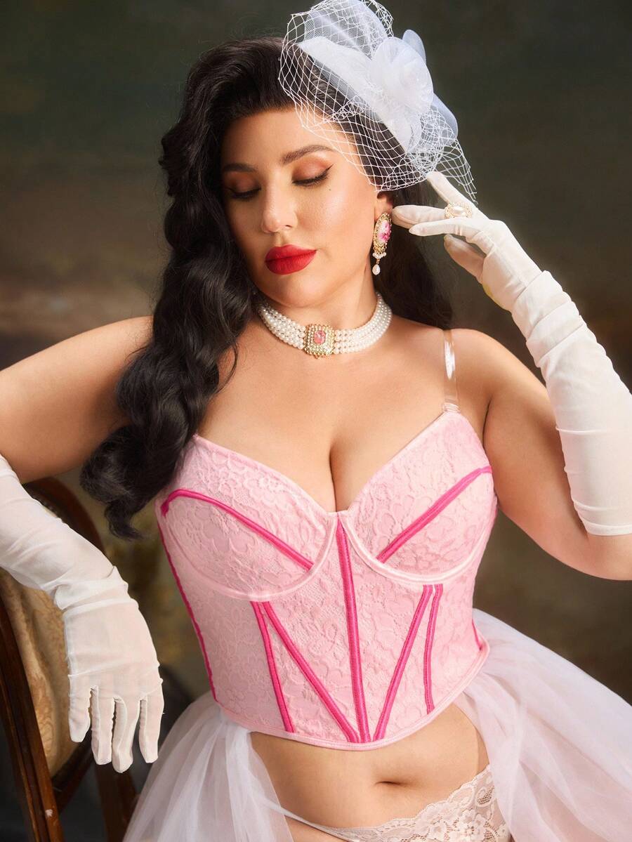 PinupPomp Top de tirantes con diseño de espina de pescado, sexy y elegante, talla grande, para verano - Rosa - Ver 1