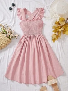 Sparklyn Tween Girls' Casual Elegant Collegiate Dress, Textured Fabric Green Cap Sleeve Pleated A-Line Dress With Bow Criss-Cross Back Straps, Suitable For Outings, Vacation, School, Spring/Summer Pink Dress For Girls Girls Pink Bow Dress Ruffle Dress Girls Pink Girls Summer Dress Girls Casual Dress - Pink - View 2