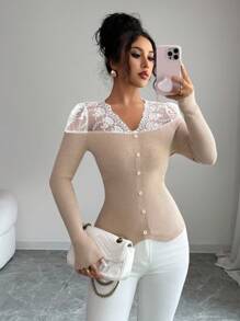 Elenzga Suéter elegante de mujer con cuello en V ajustado, diseño de patchwork con adorno de encaje