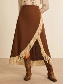 SHEIN VCAY Gonna avvolgente casual vintage con decorazione a nappine, taglie comode - Castano - Visualizzare 7