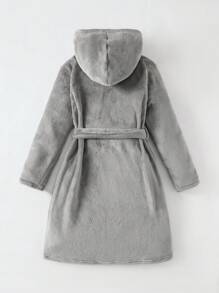 男童灰色纯色简约时尚纯色长袖长款连帽抽绳睡袍家居服