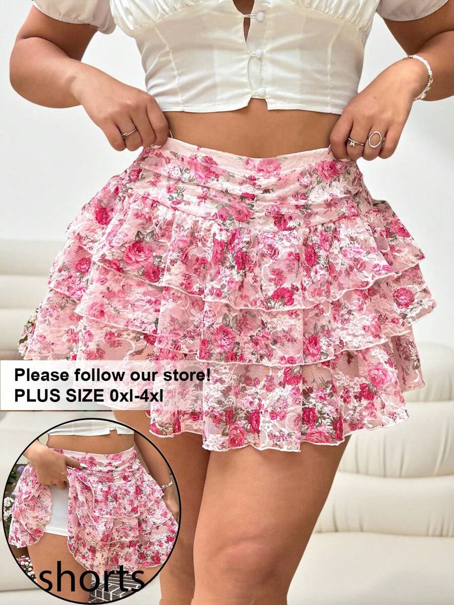 Solflare 大码碎花蕾丝荷叶边下摆休闲优雅度假工作/办公室粉色半身裙