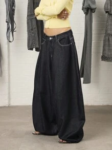 COUREZ 低腰宽松灯笼裤，浅蓝色水洗/Y2K风格女装冬季穿搭，女士外出穿搭，棉质宽松牛仔裤，Y2K风格牛仔裤，街头服饰 - 深色水洗藍 - 查看 4