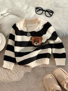 SHEIN Baby/Toddler Unisex Black And White Striped Knit Sweater With Cute 3D Bear Graphic,Soft Casual Pullover For Back-To-School,Autumn/Winter Daily Wear - Black and White - View 4