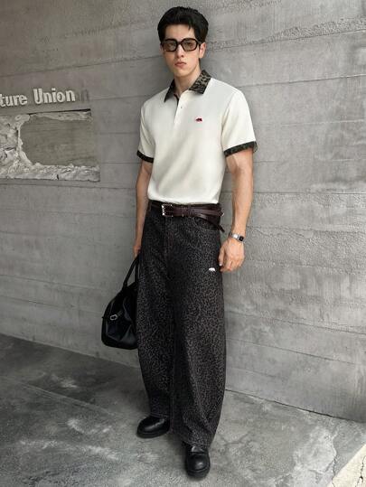 ESTAVOR Pantalones largos casuales de moda con estampado de leopardo y bordado tejido para hombres