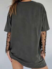 SHEIN EZwear 大码女式夏季标语和骷髅印花圆领短袖休闲T恤 - 深灰色 - 查看 2