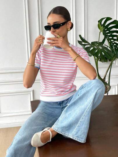 SHEIN Frenchy Summer Casual Colorblock Striped Short Sleeve Knit Top