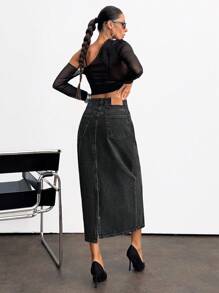 EURMUSE WOMEN HIGH WAIST SLIT DETAIL MAXI SKIRT 2000s Style - Black - View 2