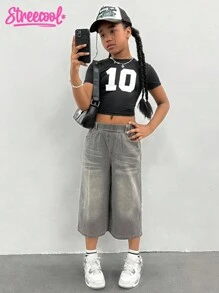 Girls' Cropped Knit Numeric Print Short Sleeve Top, Distressed Wash Wide Leg 5/7 Pants Jeans, Street Fashion Y2K Sporty Campus Style Set - Multicolor - View 3