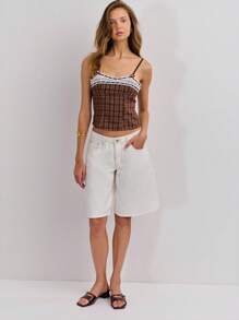 Nöista 棕色格子吊带背心，带有精致的蕾丝花边和蝴蝶结细节，女性化，非常适合乡村女性服装或美国七月四日的休闲服装。 - 咖啡棕 - 查看 5