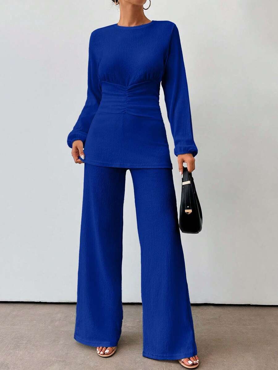 EURMUSE Women's Solid Color Round Neck Lantern Sleeve Ruched Waist Top And Wide Leg Pants Fashion 2 Pieces Set - Navy Blue - View 1