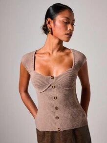 COSMINA Áo len nữ tay ngắn màu trơn, thiết kế cài nút, kiểu dáng thanh lịch, thích hợp cho mùa thu/đông. - Màu Khaki - Xem 6