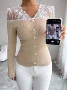 Elenzga Suéter elegante de mujer con cuello en V ajustado, diseño de patchwork con adorno de encaje