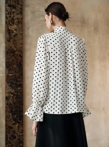 Aveloria 编织波尔卡圆点印花 V 领荷叶边饰边系带长喇叭袖直筒休闲户外优雅办公室约会度假女式衬衫，春夏秋