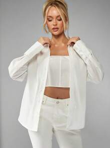 MISSGUIDED Blusa de manga larga con botones y estilo de corsé, camisa blanca oversize, ropa de oficina y de negocios casual, elegante y profesional para otoño e invierno