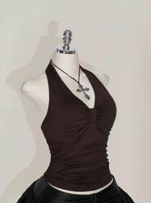 SHEIN ICON Plus Size Black Halter Ruched Backless Top, Bowknot, Suitable For Vacation, Music Festival, Punk