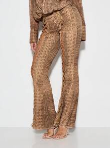 KIZN 动物印花喇叭裤高腰个性裤，侧面系带细节，度假装，节日装，波西米亚风派对晚装