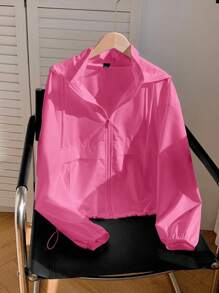 Comfortcana Women's Solid Color Long Sleeve Zipper Collar Drawstring Hooded Sun Protection Jacket In Fall/Winter - Hot Pink - View 6