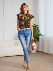 Glamance BiGraphic 女式蝴蝶结喇叭袖波尔卡圆点和花卉印花衬衫 花朵上衣 女式花卉上衣 女式盖袖上衣 玫瑰印花上衣 玫瑰印花上衣 女式波尔卡圆点上衣 飘逸上衣 - 咖啡棕 - 查看 4