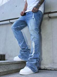 Manfinity EMRG Quần jeans ống loe denim trơn màu, có túi xếp ly, thường ngày dành cho nam, quần jeans dạo phố nam - Rửa nhẹ - Xem 7