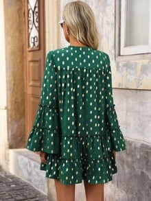 Brillora Damen Urlaubs-Lässig Polka Dot Muster Weite Ärmel Kurzes Kleid - Grün - Übersicht 3