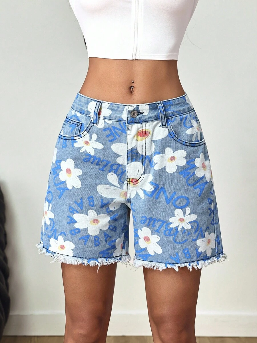 SHEIN Tall Women's Summer Casual Vacation Style Floral & Letter Print Raw Edge Denim Shorts, Tall Women - Light Wash - View 1