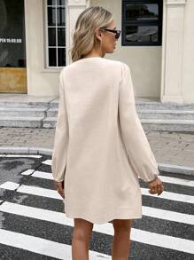 SHEIN Frenchy Women's Lace-Up Long Sleeve Mini Dress,Peach Pink,Autumn,Elegant,Tea Party,Casual Solid Color Fall Clothes,Wedding Guest,Date Night,Business Outfit - Apricot - View 2