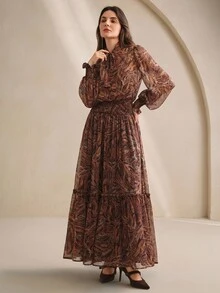 Anewsta Elegant & Slimming Cinched Waist Floral Print Long Dress For Women - Brown - View 6
