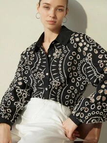 Aveloria Modichic 孔眼刺绣纽扣前襟衬衫纽扣衬衫女士 - 黑與白 - 查看 4