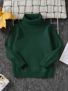 SHEIN 1 pieza Suéter holgado de cuello alto versátil de unicolor cómodo para niños pequeños, se puede usar como capa base o prenda exterior - Verde Oscuro - Ver 8