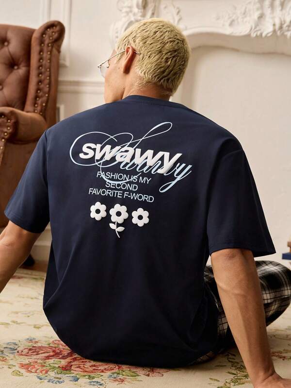 SWAVVY Men's Casual Slogan Print Short Sleeve T-Shirt, Summer