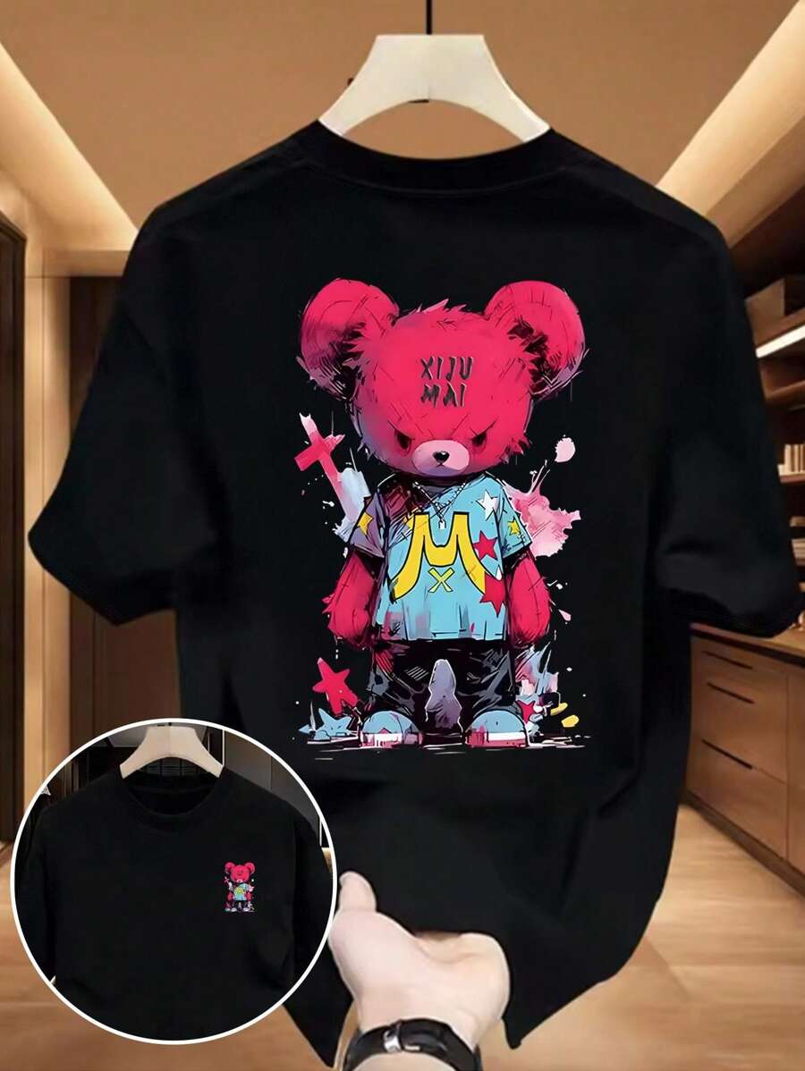 SHEIN Manfinity Dauomo 夏季卡通熊图案T恤，Y2k休闲男装透气全时尚T恤