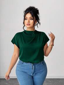 Elenzga 大码女式优雅黑色府绸纯色衬衫，春夏 - 墨綠色 - 查看 4