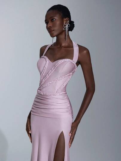 Elitara Elegant, Romantic, Sexy, Minimalist, Light Pink, Knitted Stretchy Fabric, Woven, Bra Cup, Fishtail Skirt Hem, Trailing, Fashion, Influencer, Festival, Vacation, Birthday Party, Wedding Event, Formal Gala Dress
