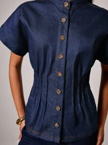 COSMINA Women's Stand Collar Batwing Sleeve Fashionable Denim Effect Waist Top - Blue - View 6