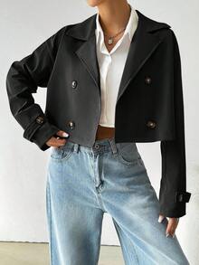 SHEIN EZwear 女式休闲黑色双排扣风衣，秋季 - 黑色 - 查看 4