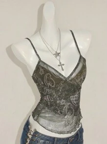 SHEIN ICON 时尚网眼背心，适合夏季佩斯利印花复古背心女款 - 軍綠色 - 查看 8