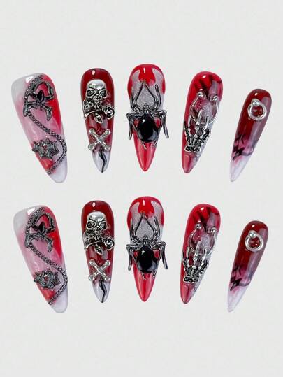Anime 10 pièces Faux ongles à pointes de squelette avec chaîne de toile d'araignée sombre gothique punk et 1 pièce de ruban adhésif, Halloween