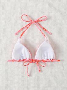 SHEIN Swim Women's Summer Beach Asymmetrical Line Printed Halter Tie Bikini Top, Random Print - Pink - View 2