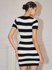 Pariaura Elegant Black And White Striped Short Sleeve Sweater Dress For Women,French Style Metal Buckle Fitted Knitted Summer Brunch Party Wedding Guest Dress - Black and White - View 2